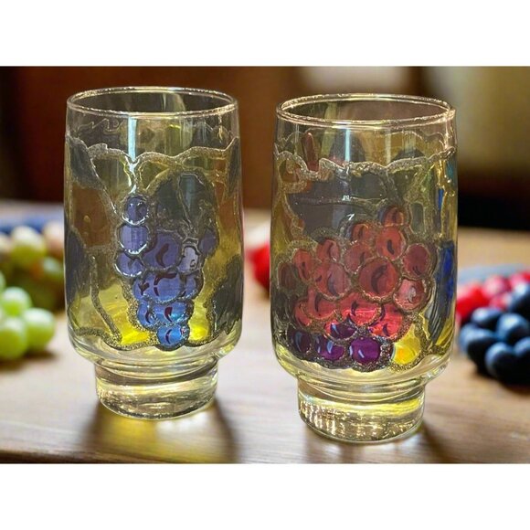 1970s Libbey Stained Glass Vineyard Red and Purple Grapes Tumbler Cups Set of 2 - Picture 1 of 5